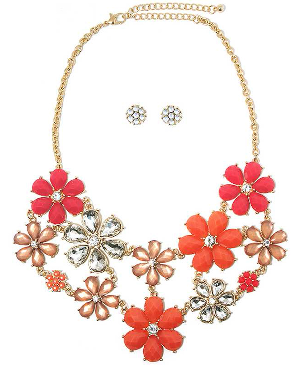 MULTI CRYSTAL AND FACET ACRYLIC STONE FLOWER LINK PARTY BIB NECKLACE EARRING SET