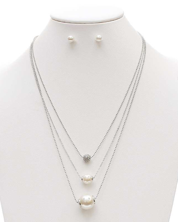 CRYSTAL BALL AND PEARL DROP 3 LAYER NECKLACE SET
