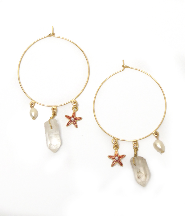 STARFISH AND QUARTZ CHARM WIRE HOOP EARRING