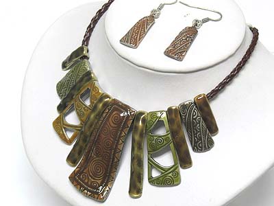 ANTIQUE LOOK ENAMEL METAL STIVK DANGLE BRADIED CORD NECKLACE AND EARRING SET