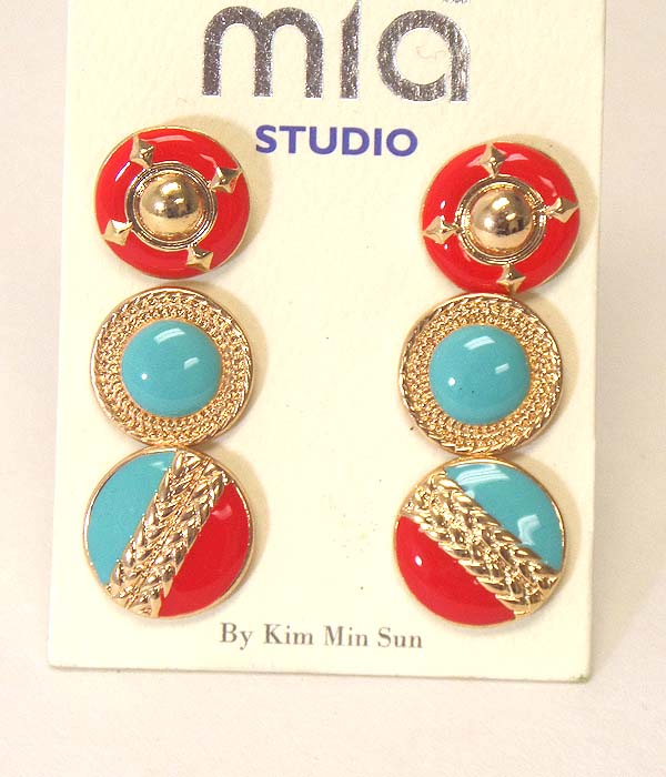 TRIBAL COLOR EPOXY METAL BUTTON 3 PAIR EARRING SET