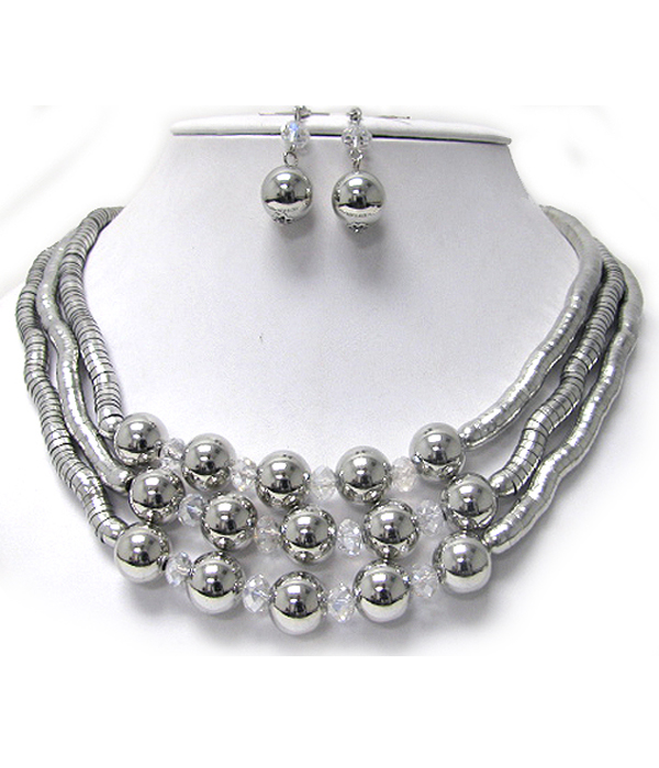 ARCHITECTURAL METAL BALL AND TRIPLE SNAKE CHAIN LINK NECKLACE EARRING SET
