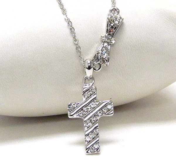 WHITEGOLD PLATING AND CRYSTAL DECO CROSS AND RIBBON NECKLACE
