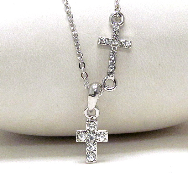 WHITEGOLD PLATING AND CRYSTAL DECO DUAL CROSS NECKLACE