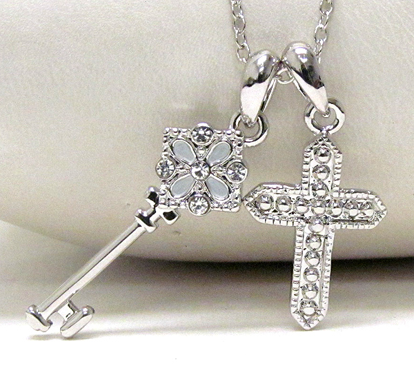 MADE IN KOREA WHITEGOLD PLATING AND CRYSTAL DECO CROSS AND KEY PENDANT NECKLACE