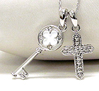 WHITE GOLD PLATING AND CRYSTAL DECO CROSS AND KEY PENDANT NECKLACE