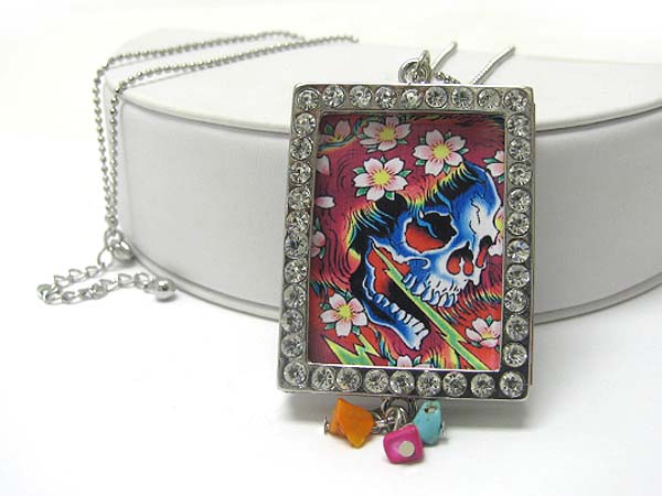 CRYSTAL TATTO THEME PICTURE FRAME PENDANT LONG NECKLACE