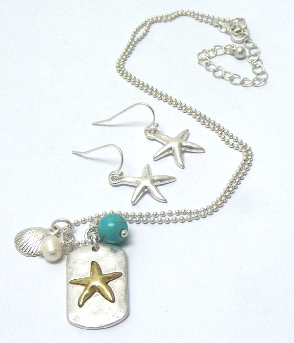 STARFISH AND SHELL CHARM PENDANT NECKLACE EARRING SET