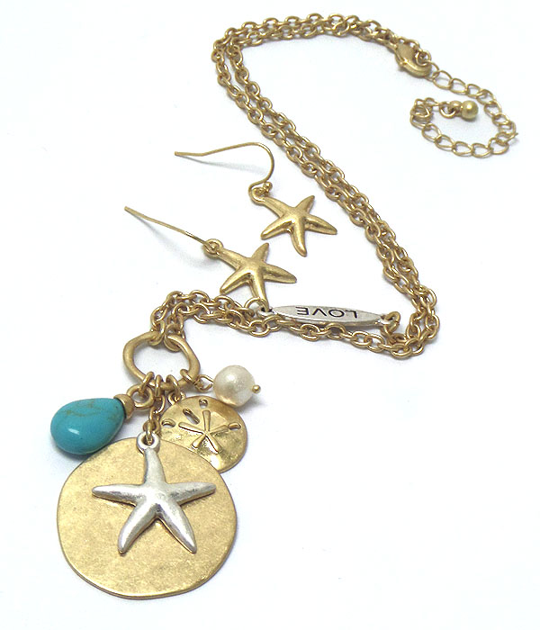 STARFISH AND DISK CHARM NECKLACE EARRING SET
