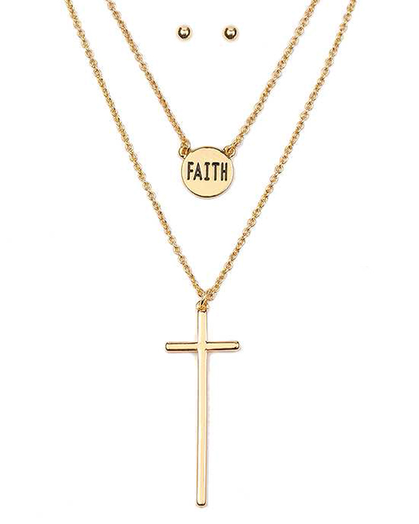 SIMPLE CROSS AND DISK DOUBLE LAYER NECKLACE SET - FAITH