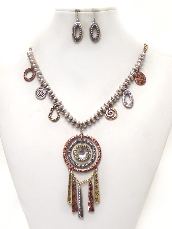 BEADS LINKED WITH MULTI SIZE CIRLCES DROP NECKLACE SET 