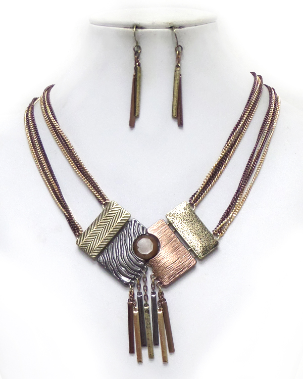 TWO LAYER MULTIPLE CHAIN WITH METAL DROP NECKLACE SET