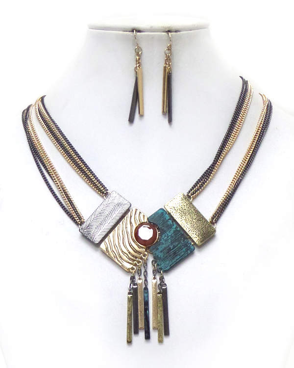 TWO LAYER MULTIPLE CHAIN WITH METAL DROP NECKLACE SET 