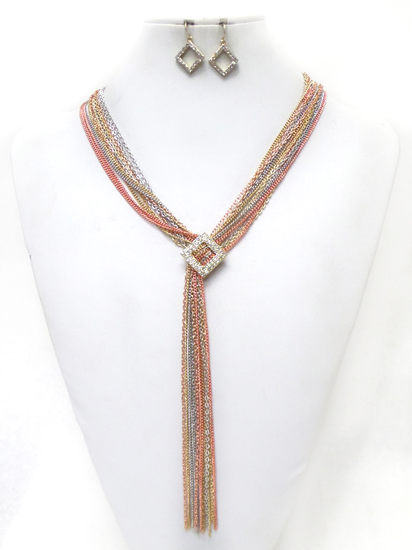 MULTI CHAINS WITH CRYSTAL PENANT DROP NECKLACE SET