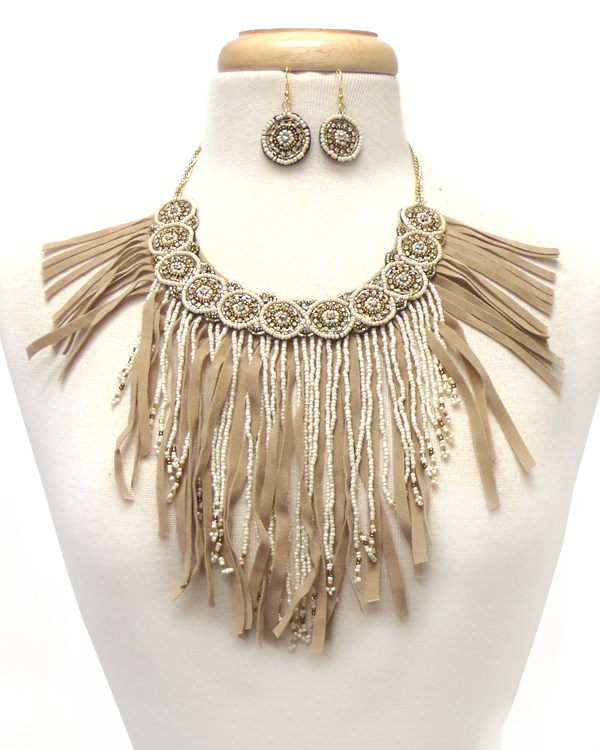 BOHEMIAN STYLE SUEDE AND BEADS TASSEL  DROP NECKLACE SET