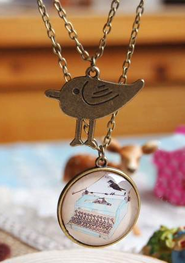 RETRO VINTAGE BIRD AND TYPE WRITER CABOCHON DOUBLE LAYER NECKLACE