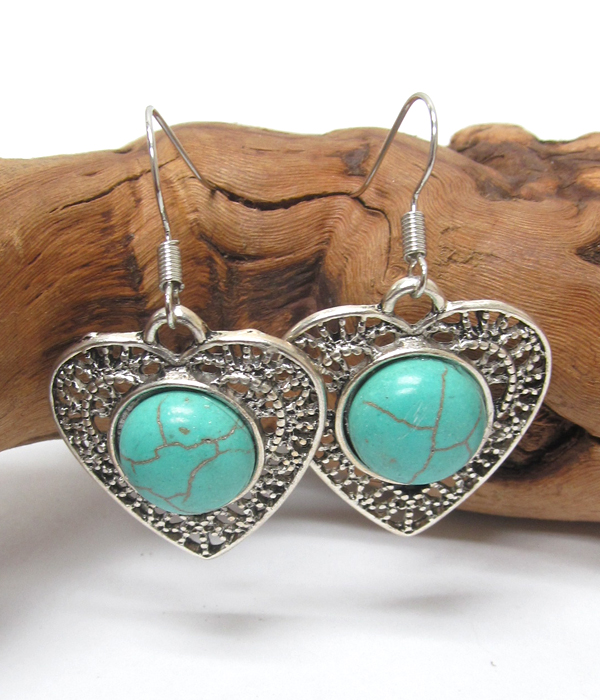 VINTAGE TIBETAN SILVER AND TURQUOISE HEART EARRINGS