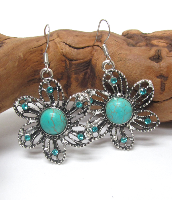 VINTAGE TIBETAN SILVER AND TURQUOISE FLOWER EARRINGS  