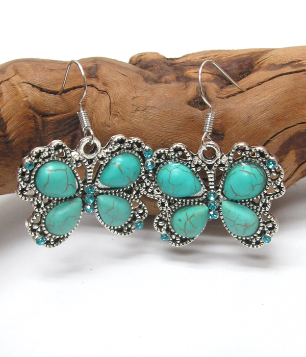 VINTAGE TIBETAN SILVER AND TURQUOISE BUTTERFLY EARRINGS