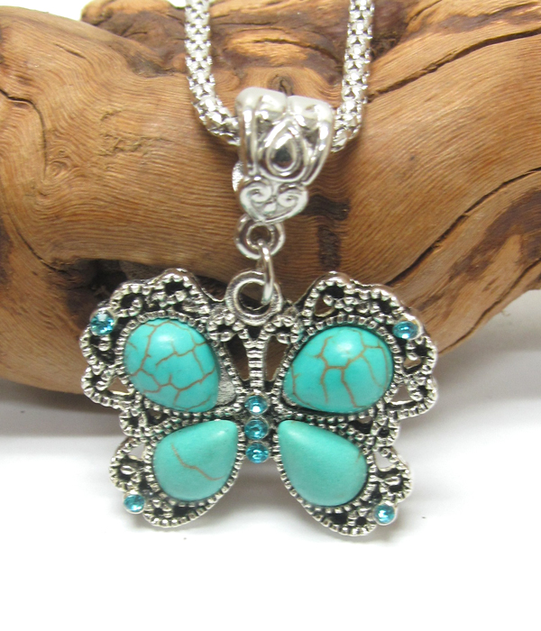 VINTAGE TIBETAN SILVER AND TURQUOISE BUTTERFLY NECKLACE