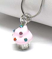 WHITE GOLD PALTING CRYSTAL STUD ENAMEL MINIATURE CUPCAKE NECKLACE