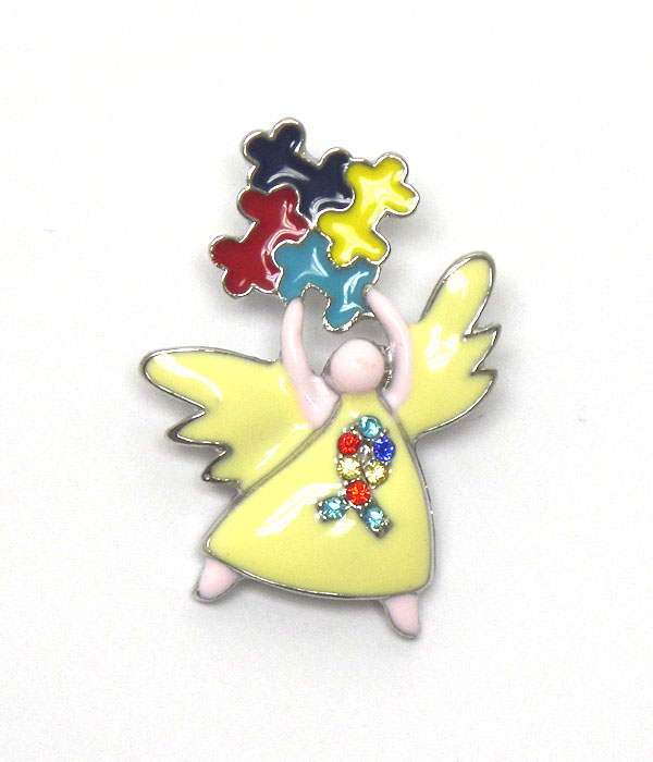 CRYSATL AND EPOXY AUTISM THEME ANGEL BROOCH OR PIN