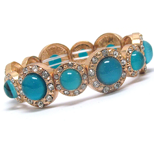 CRYSTAL AND ACRYLIC STONE DECO MULTI METAL DISK LINK STRETCH BRACELET