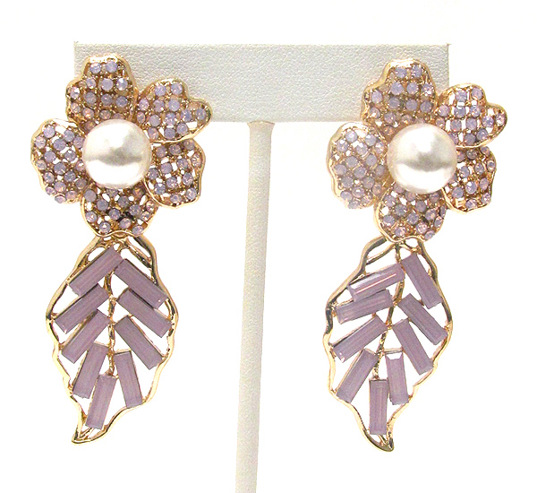 CRYSTAL AND CENTER PEARL DECO FLOWER AND LEAF DROP EARRING