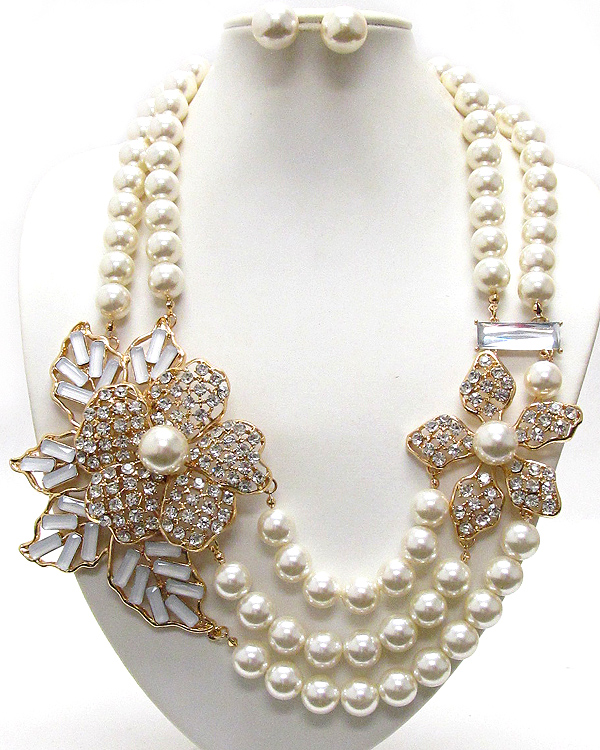 CRYSTAL AND CENTER PEARL DECO FLOWER AND MULTI PEARL CHAIN CORSAGE LUXURY NECKLACE EARRING SET