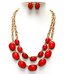 TWO LAYER MULTI CONETTED ACRYL OVAL STONE DROP CHAIN NECKLACE EARRING SET