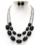 TWO LAYER MULTI CONETTED ACRYL OVAL STONE DROP CHAIN NECKLACE EARRING SET