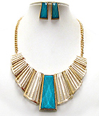 FACET ACRYLIC CENTER AND MULTI METAL BAR LINK STATEMENT NECKLACE EARRING SET