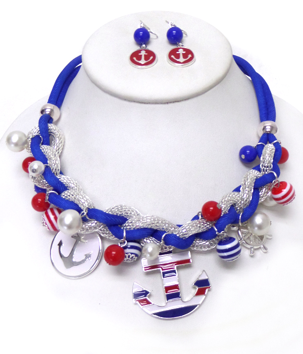 AMERICAN FLAG NAUTICAL THEME MULTI ANCHOR CHARM AND CHAIN AND CORD NECKLACE SET
