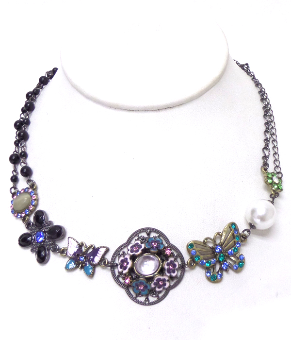 2 LAYER CHAIN AND BEADS FLOWER NECKLACE SET