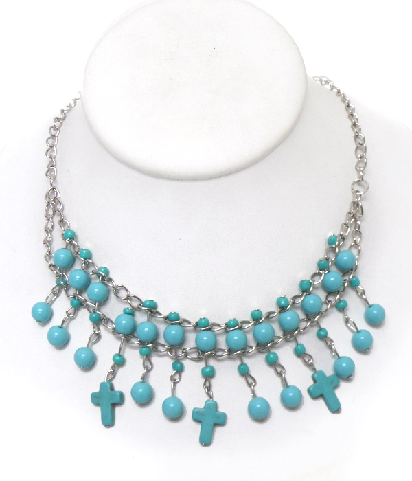 TURQUOISE BALL AND CROSS DROP NECKLACE