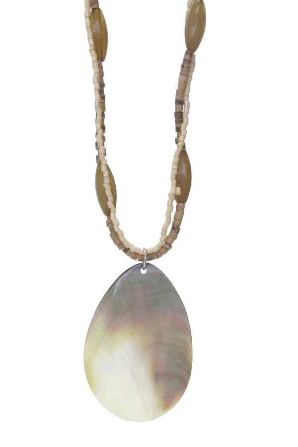 TEARDROP NATURAL SHELL PENDANT AND SEED BEAD DOUBLE LAYER NECKLACE