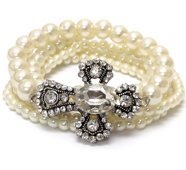 OVAL CRYSTAL METAL TEXTURED CROSS AND PEARL STRETCH BRACELET SET OF 5