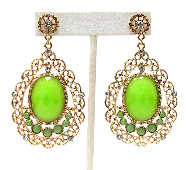 FACET ACRYLIC STONE AND METAL FILIGREE DANGLE EARRING