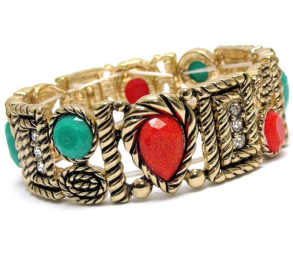 MULTI FORMICA AND CRYSTAL DECO ON TAILORED ROPE DESIGN STRETCH BRACELET