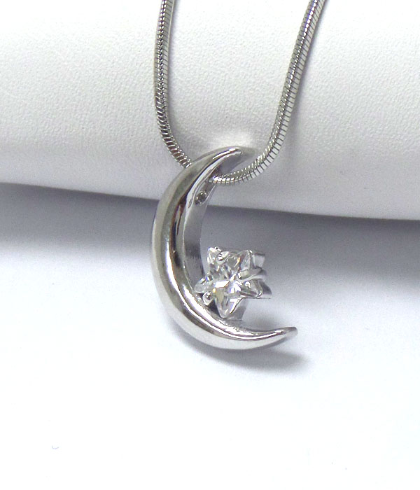 MADE IN KOREA WHITEGOLD PLATING CRYSTAL STAR AND MOON PENDANT NECKLACE