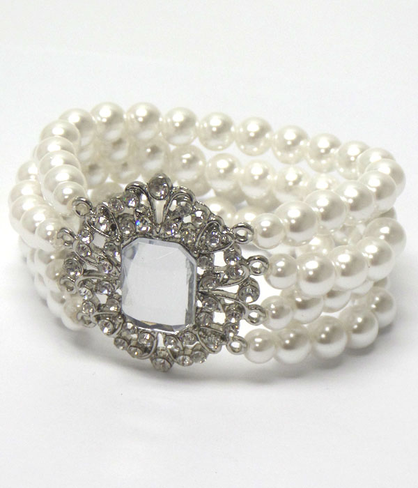 CRYSTAL AND FACET STONE CENTER MULTI STRETCH PEARL CHAIN BRACELET