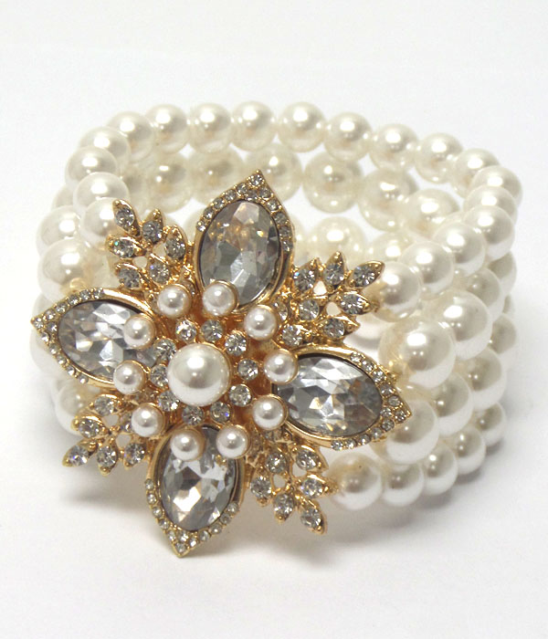 CRYSTAL AND PEARL MIX FLOWER AND MULTI STRETCH PEARL CHAIN BRACELET