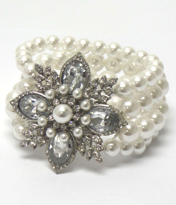 CRYSTAL AND PEARL MIX FLOWER AND MULTI STRETCH PEARL CHAIN BRACELET