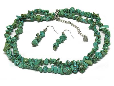 DOUBLE STRAND TURQUOISE STONE NECKLACE AND EARRING SET