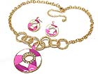 ENAMEL MOSAIC PATTERN COVERED CRYSTAL ROUND PENDANT NECKLACE AND EARRING SET