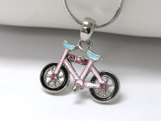 MADE IN KOREA WHITEGOLD PLATING CRYSTAL STUD BICYCLE PENDANT NECKLACE