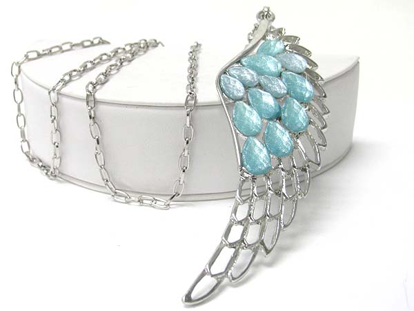 CRYSTAL AND GLASS DECO WING PENDANT LONG NECKLACE
