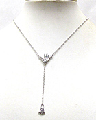 WHITE GOLD PLATING CRYSTAL DECO PALM CENTER AND FOOT DROP Y SHAPE NECKLACE