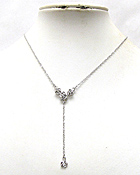 WHITE GOLD PLATING CRYSTAL DECO ROSE CENTER AND FLOWER DROP Y SHAPE NECKLACE