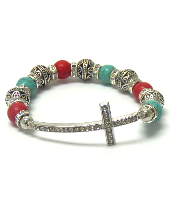 CRYSTAL CROSS AND TURQUOISE AND METAL FILIGREE BALL MIX STRETCH BRACELET